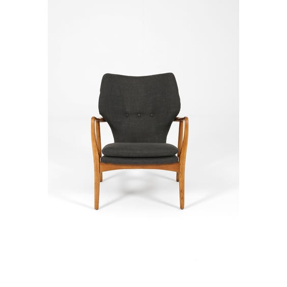 image of Scandi curved walnut frame armchair