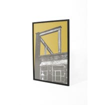Print of industrial building with lime gold background 
