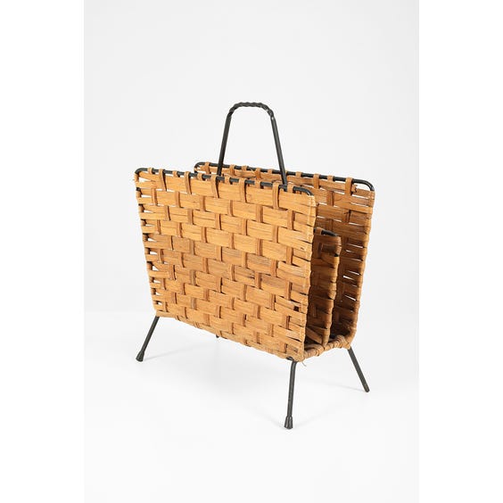 image of Midcentury wrought iron and wicker magazine rack