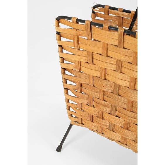 image of Midcentury wrought iron and wicker magazine rack