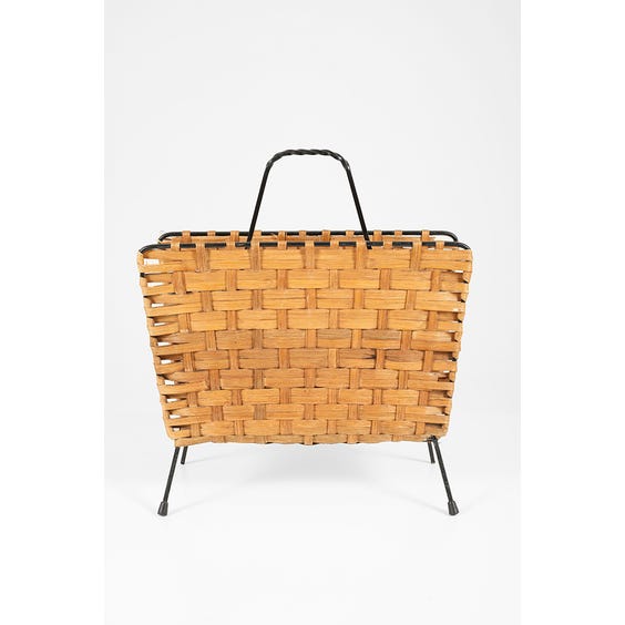 image of Midcentury wrought iron and wicker magazine rack