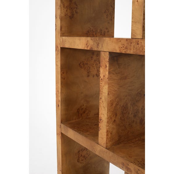 image of 1970's natural warm mappa burr wooden shelving unit