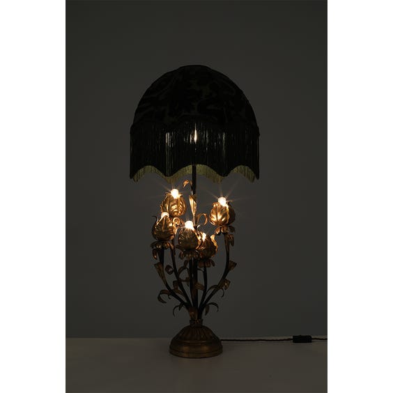 image of Gold leaf table lamp with olive green fringed lamp shade